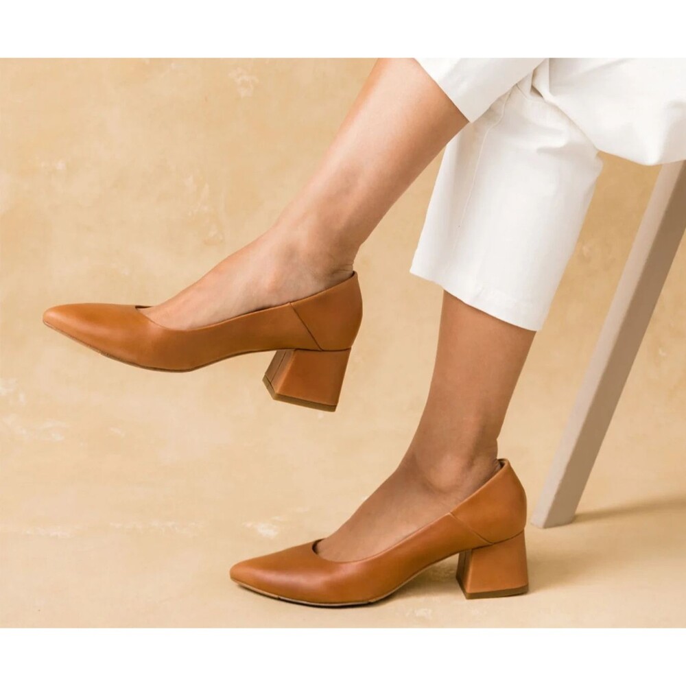 Nisolo Women's Leather Fiorela Go-To Mid Block Heels Shoes $180 Caramel NIB